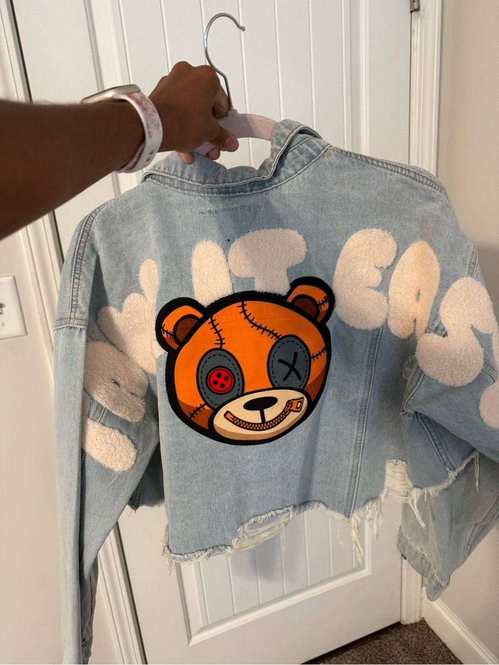 Trio Urban Take It Easy Light Blue Denim Jacket with Orange Teddy Patch